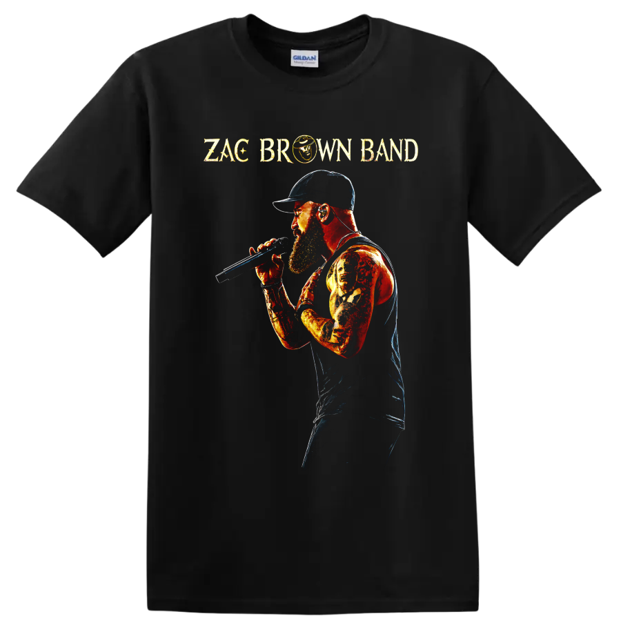 Zac Brown Band singer with microphone in a fiery distressed concert portrait on a Black T Shirt