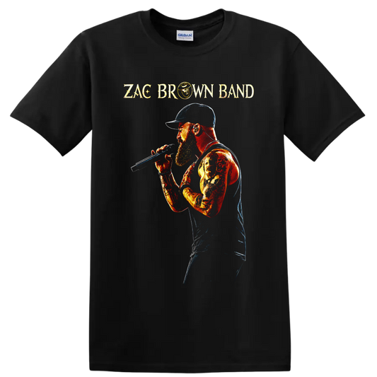 Zac Brown Band singer with microphone in a fiery distressed concert portrait on a Black T Shirt