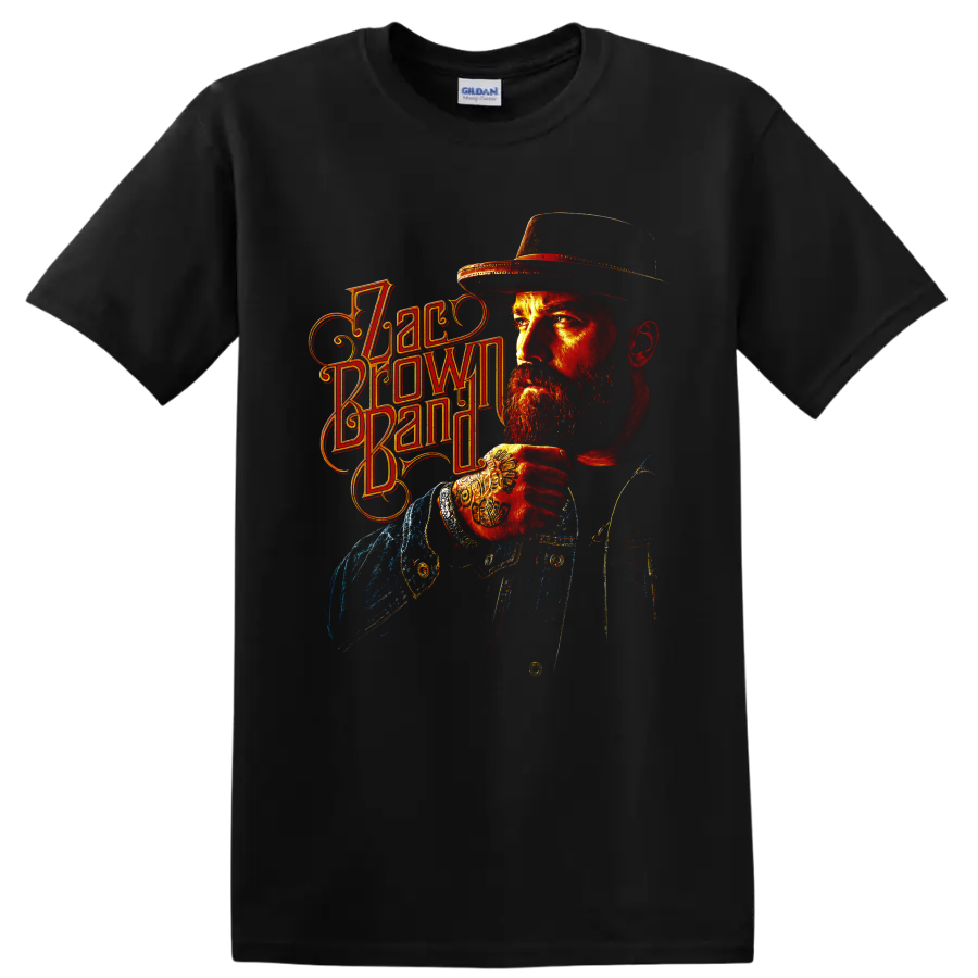 Fiery Zac Brown Band portrait with cowboy hat and ornate vintage lettering on a Black T Shirt