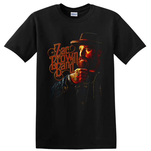 Fiery Zac Brown Band portrait with cowboy hat and ornate vintage lettering on a Black T Shirt