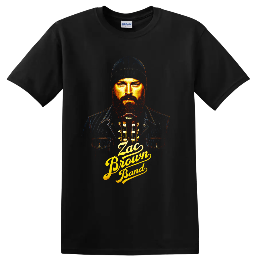 Zac Brown Band bearded guitarist portrait with acoustic guitar and gold script lettering on a Black T Shirt