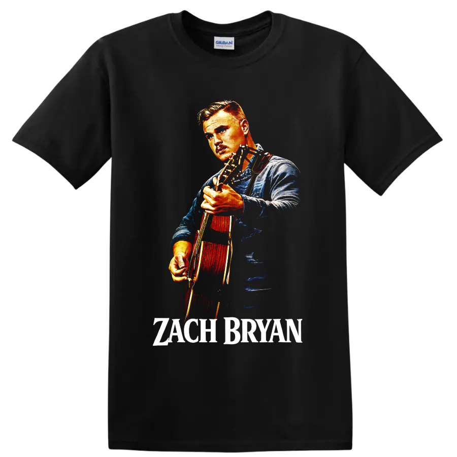 Zach Bryan illustrated portrait playing acoustic guitar with name text on a Black T Shirt