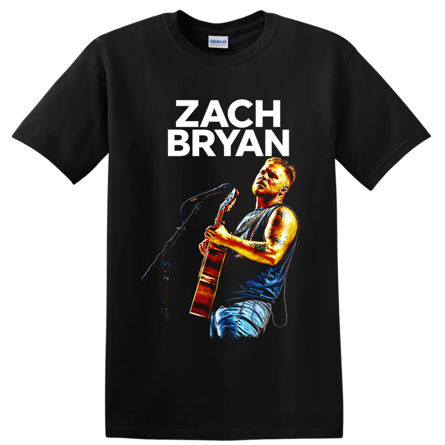 Zach Bryan guitar performance portrait with bold lettering and colorful concert lighting on a Black T Shirt
