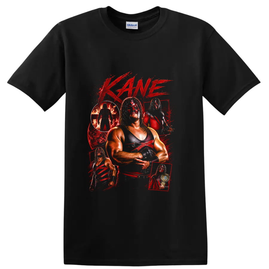 Kane masked wrestler collage with fire, championship belt, and distressed red paint on a Black T Shirt