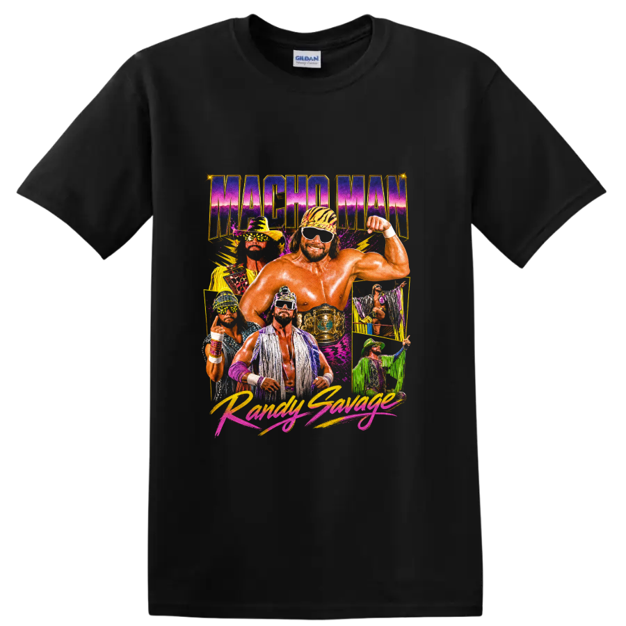 Macho Man Randy Savage retro neon wrestling collage with championship belt on a Black T Shirt