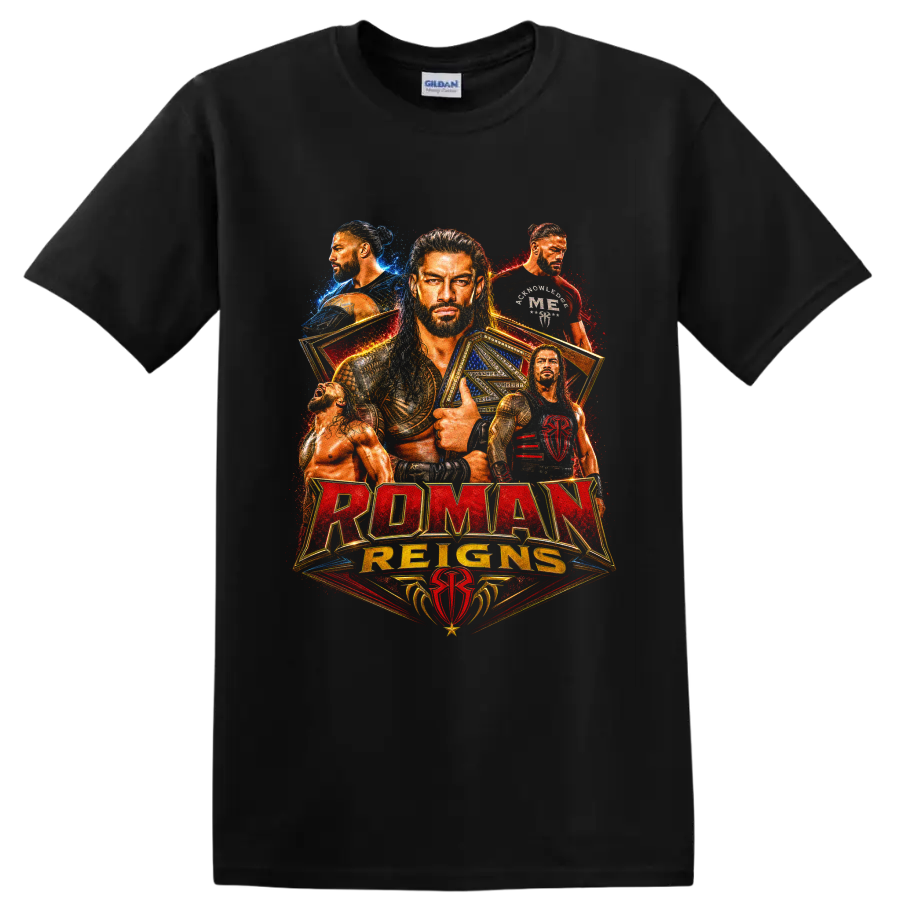 Roman Reigns championship portrait collage with gold belts and red blue splatter on a Black T Shirt