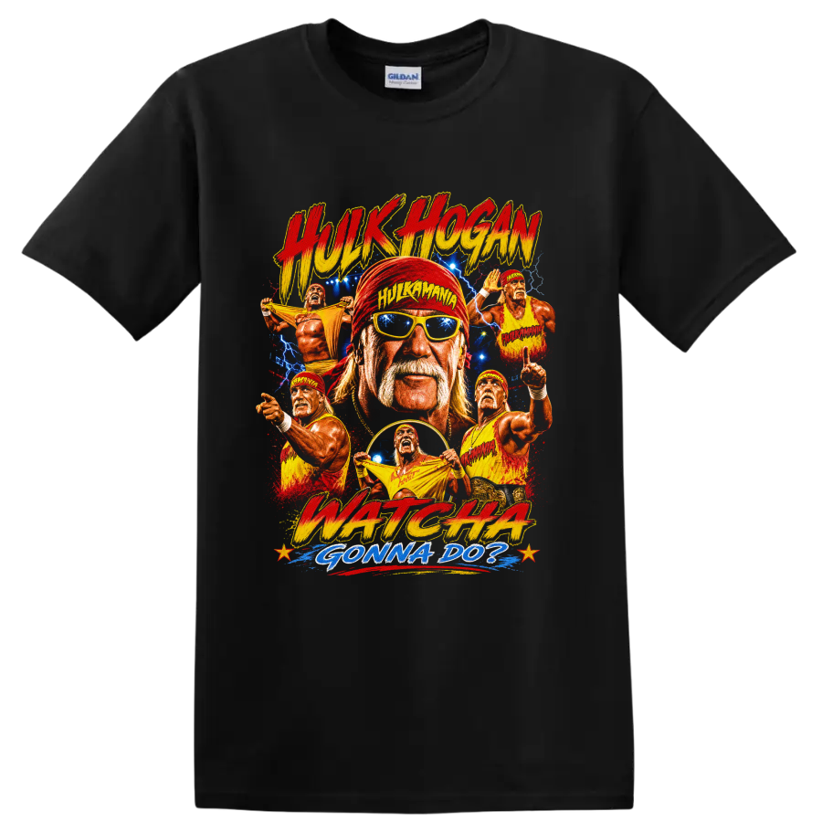 Hulk Hogan retro wrestling collage with lightning, action poses, and Hulkamania text on a Black T Shirt
