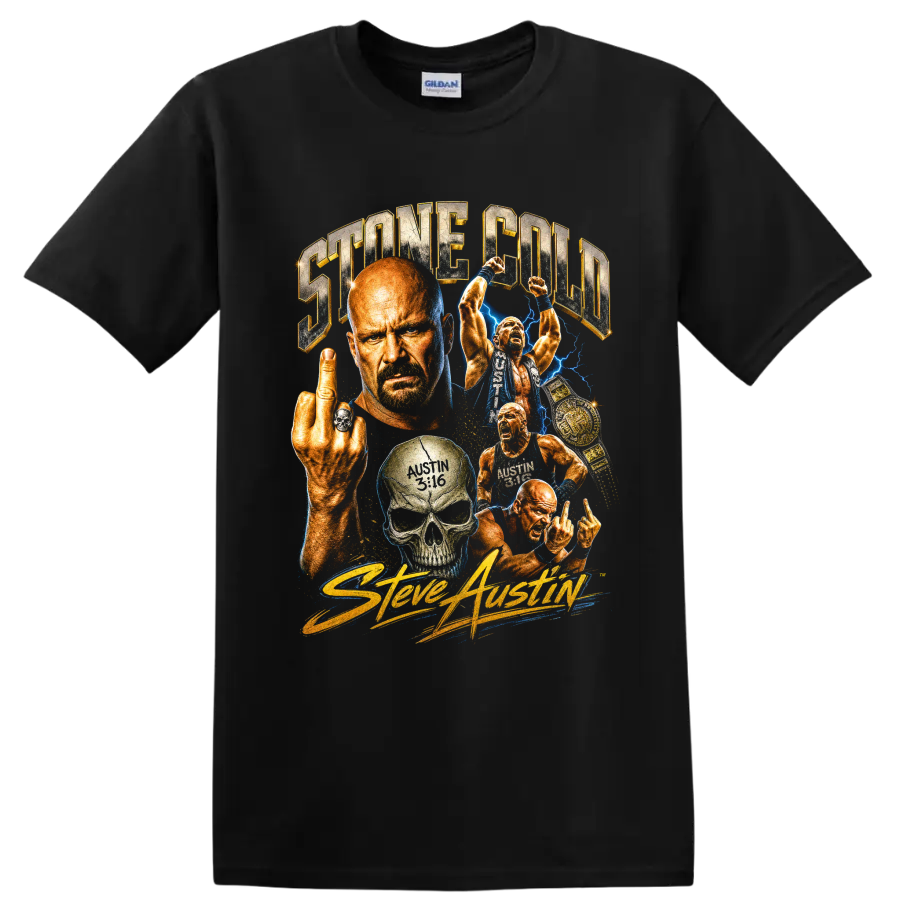 Stone Cold Steve Austin wrestling collage with skull, championship belt, and blue on a Black T Shirt