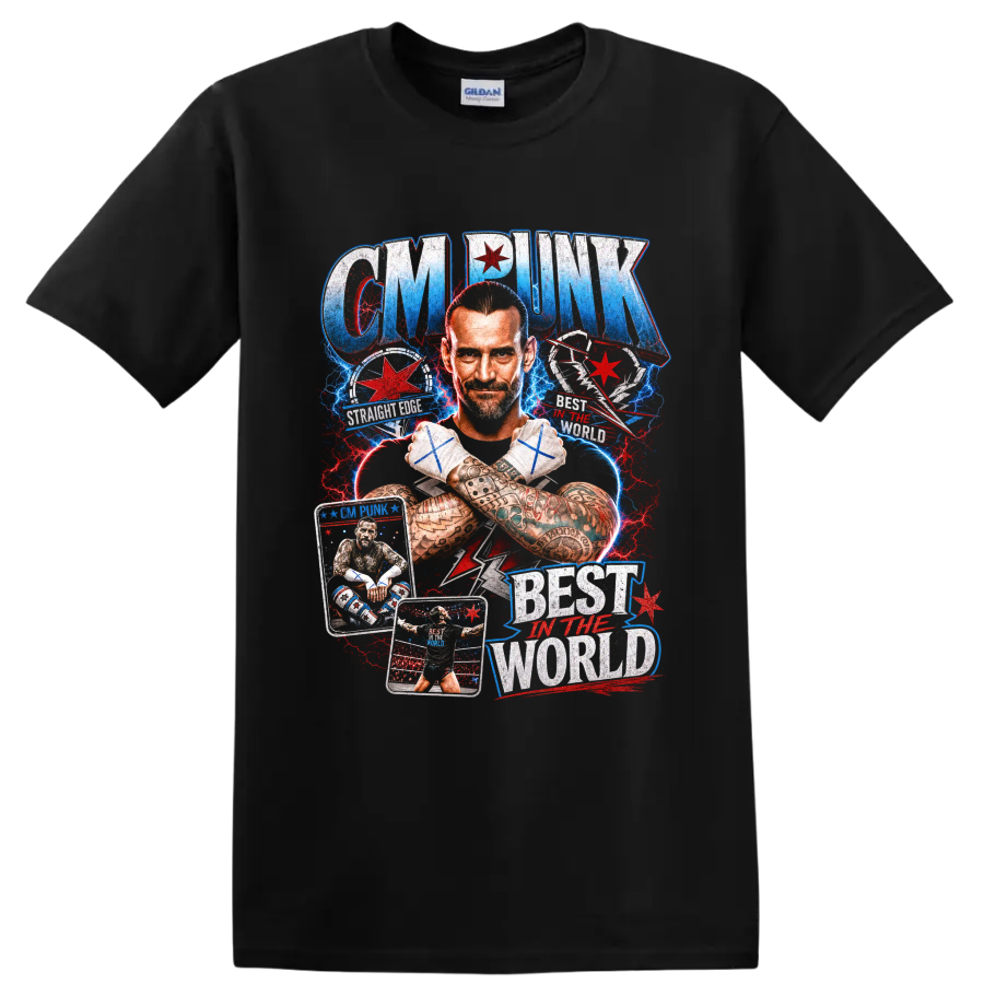 CM Punk portrait with crossed taped fists, Chicago stars, ring action, and distressed on a Black T Shirt