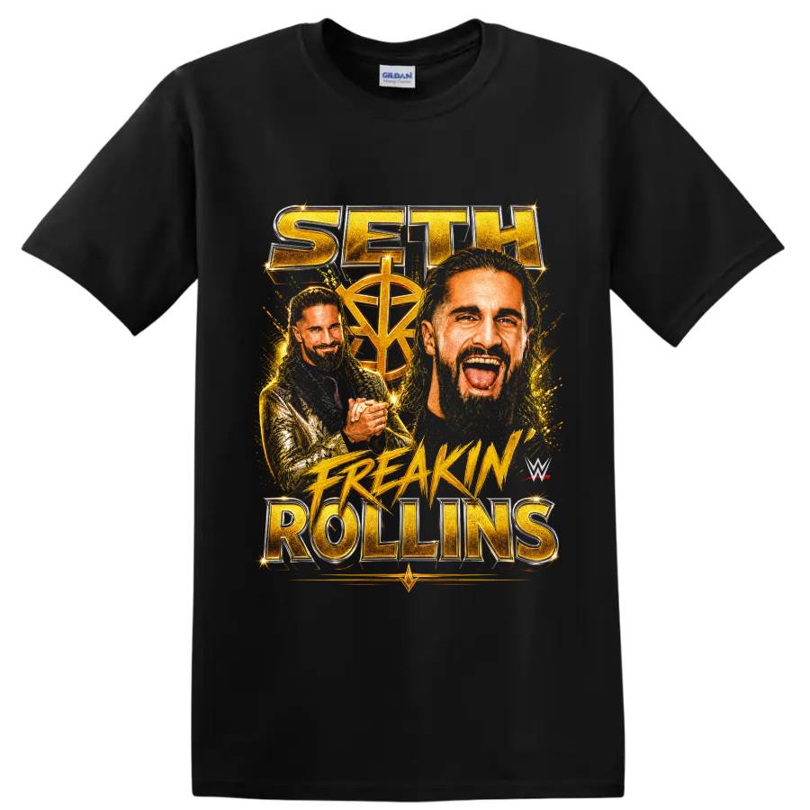 Seth Rollins gold portrait collage with championship lettering and fiery splatter on a Black T Shirt