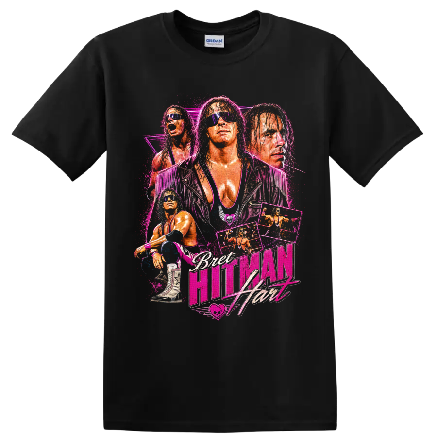 Bret Hart neon pink wrestling portrait collage with sunglasses, action panels, and logo on a Black T Shirt