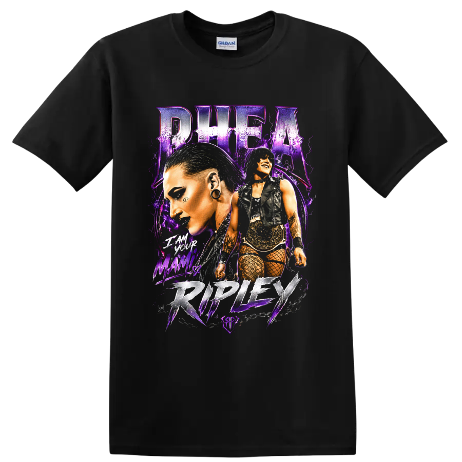 Rhea Ripley purple gothic wrestling portrait collage with championship belt on a Black T Shirt