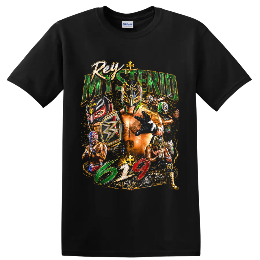 Rey Mysterio lucha libre mask collage with championship belt and 619 artwork on a Black T Shirt