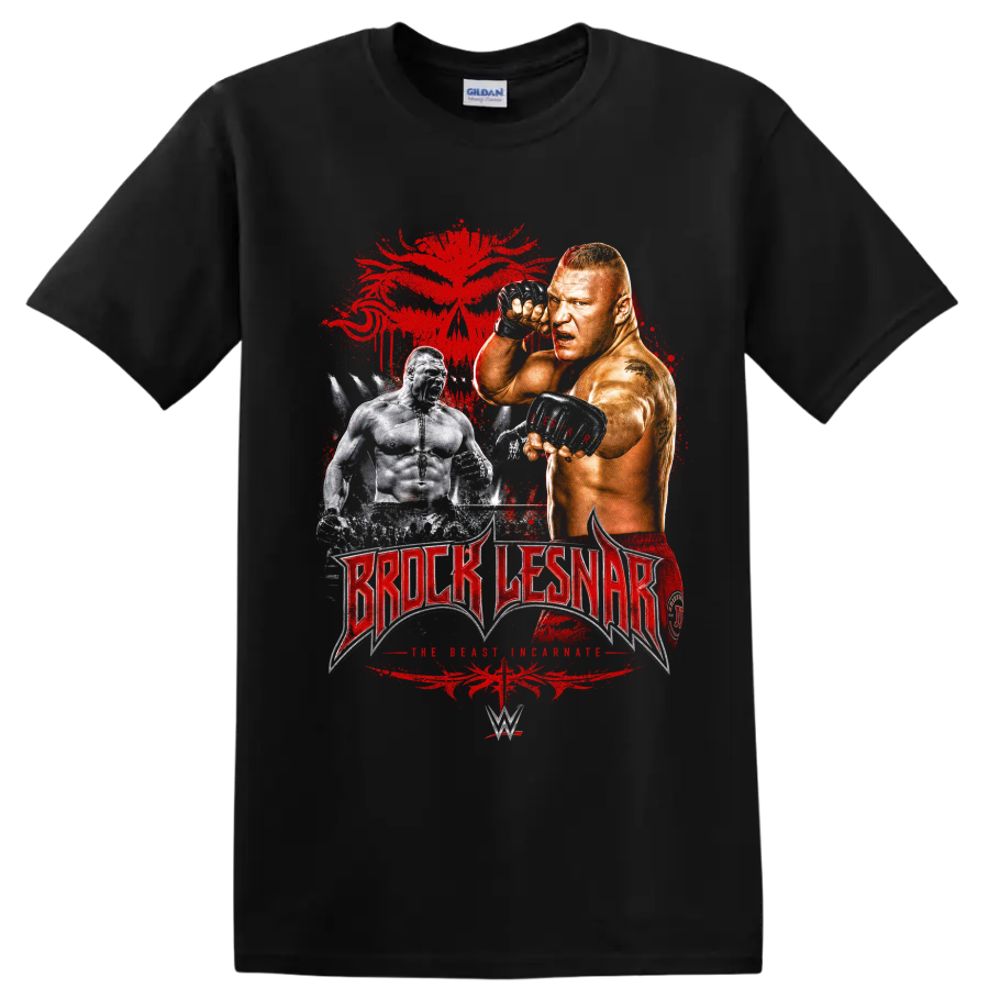Brock Lesnar fighter portrait with distressed red splatter and wrestling lettering on a Black T Shirt