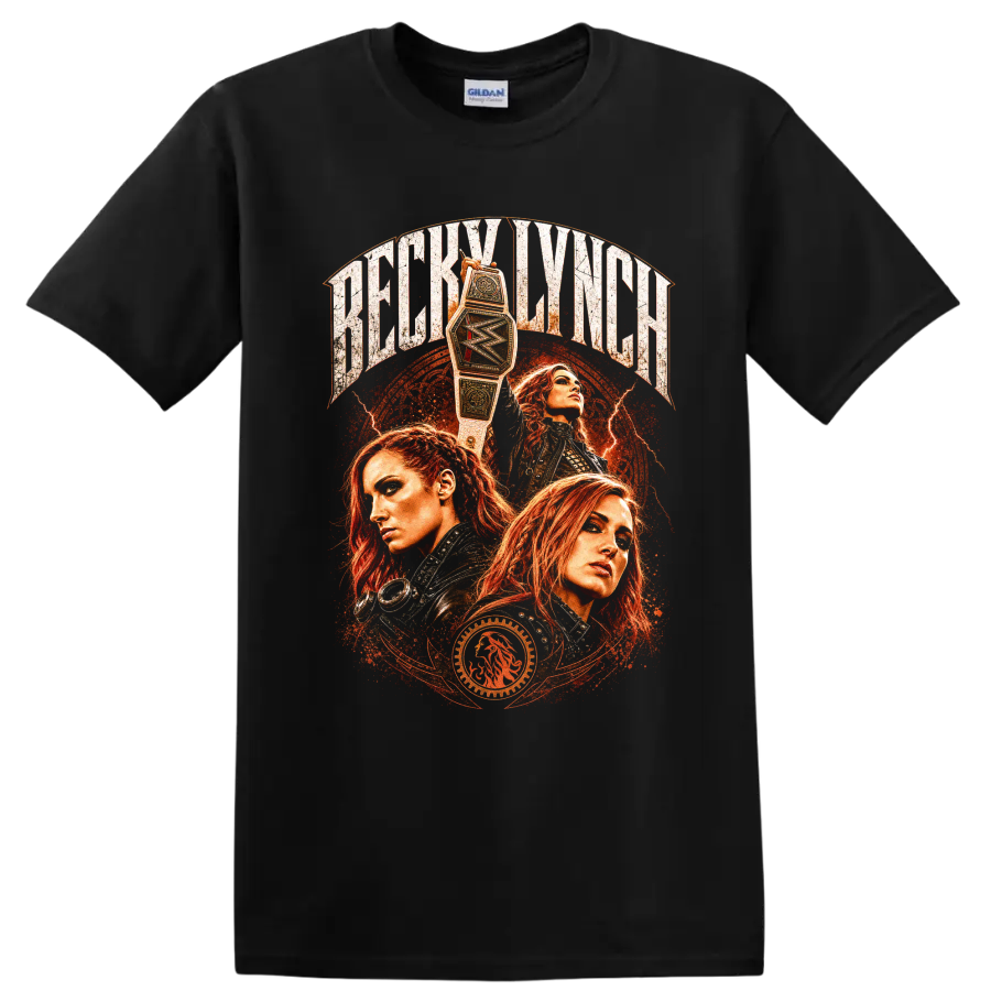 Becky Lynch three-portrait wrestling collage with championship belt and distressed on a Black T Shirt