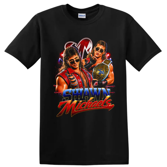 Shawn Michaels retro wrestling portraits with championship belt and arena lights on a Black T Shirt