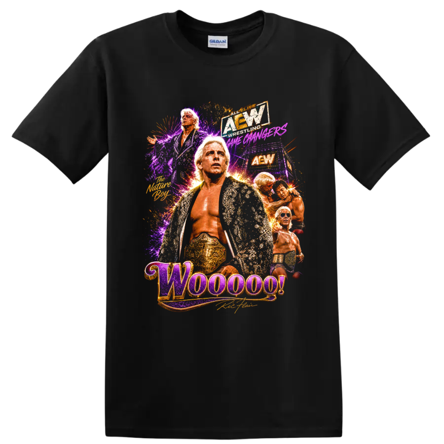 Ric Flair Nature Boy wrestling collage with championship belt, robe, and Woooo! text on a Black T Shirt
