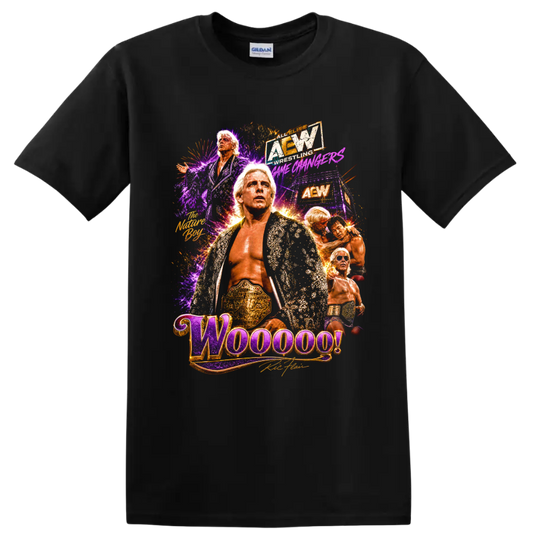 Ric Flair Nature Boy wrestling collage with championship belt, robe, and Woooo! text on a Black T Shirt