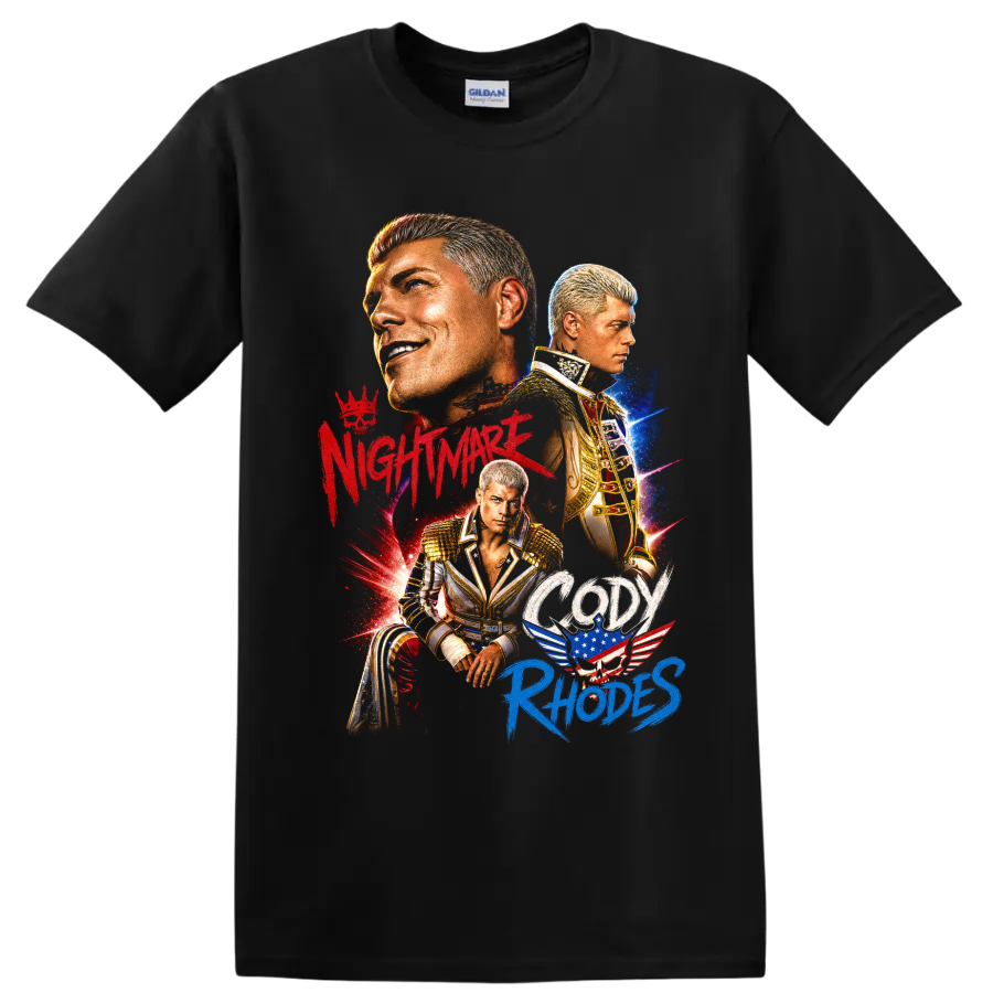 Cody Rhodes wrestling portrait collage with gold gear, stars, and patriotic graphic on a Black T Shirt
