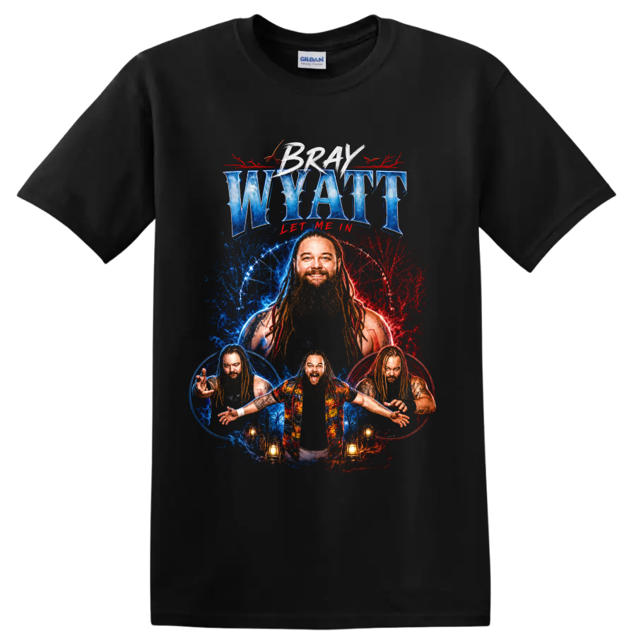 Bray Wyatt red and blue horror portrait collage with lanterns and Let Me In text on a Black T Shirt