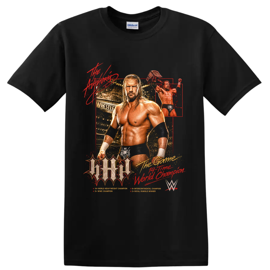 Triple H championship wrestling portrait with arena collage and raised title belt on a Black T Shirt