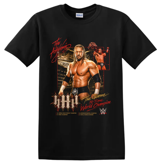 Triple H championship wrestling portrait with arena collage and raised title belt on a Black T Shirt