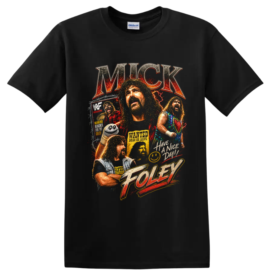 Mick Foley distressed wrestling portrait collage with lightning, poster art, and bold on a Black T Shirt