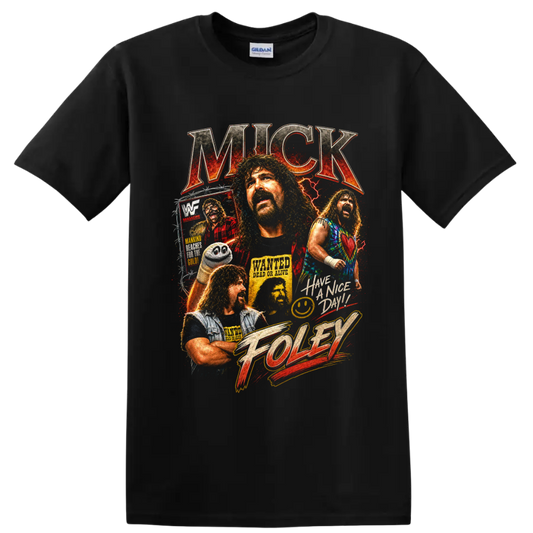 Mick Foley distressed wrestling portrait collage with lightning, poster art, and bold on a Black T Shirt