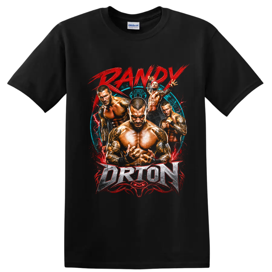 Randy Orton wrestling action collage with red lightning, blue backdrop, and bold lettering on a Black T Shirt