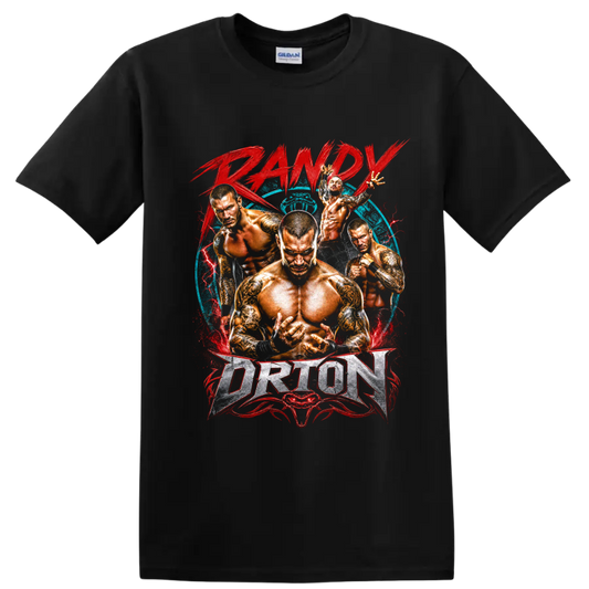 Randy Orton wrestling action collage with red lightning, blue backdrop, and bold lettering on a Black T Shirt