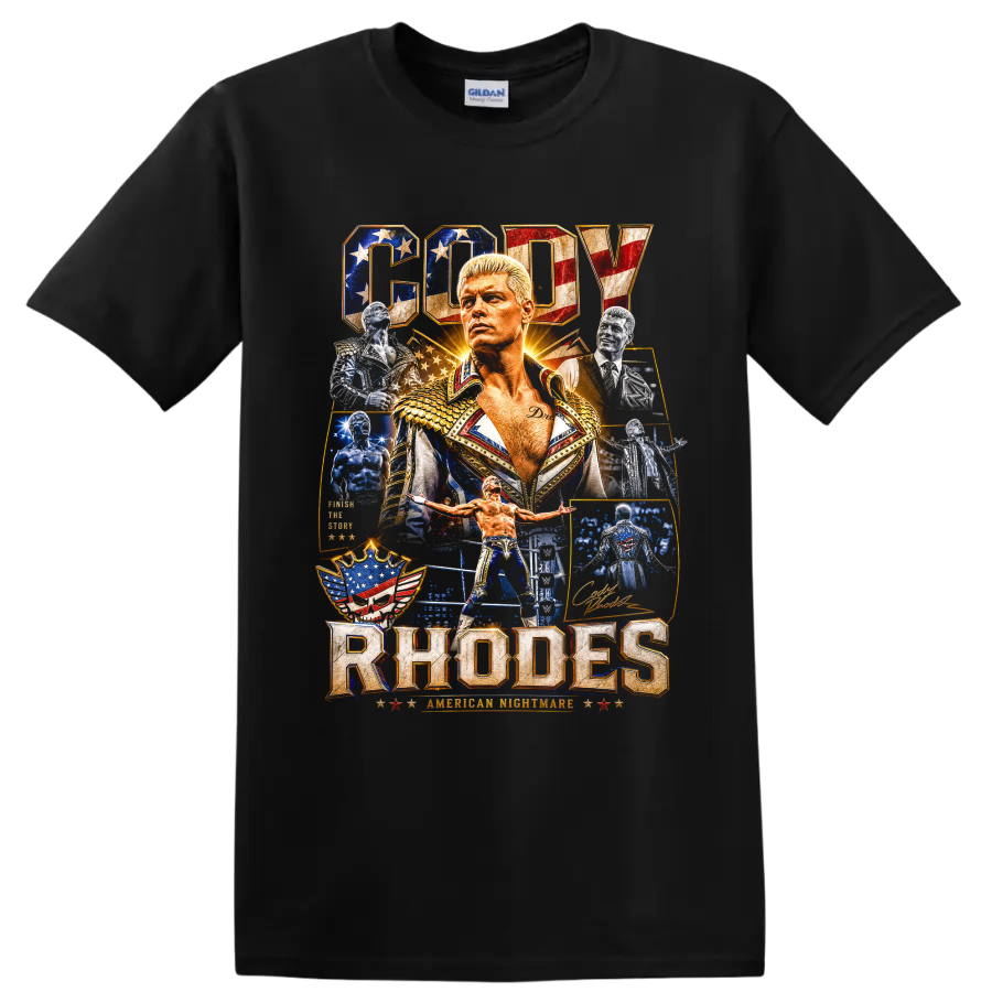 Cody Rhodes American Nightmare patriotic wrestling portrait collage with arena action on a Black T Shirt