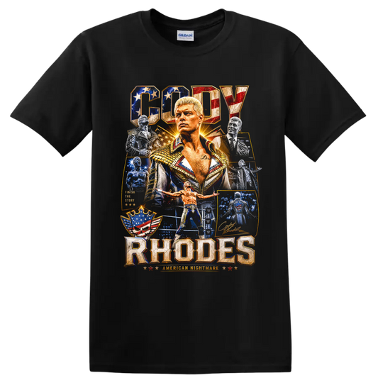 Cody Rhodes American Nightmare patriotic wrestling portrait collage with arena action on a Black T Shirt