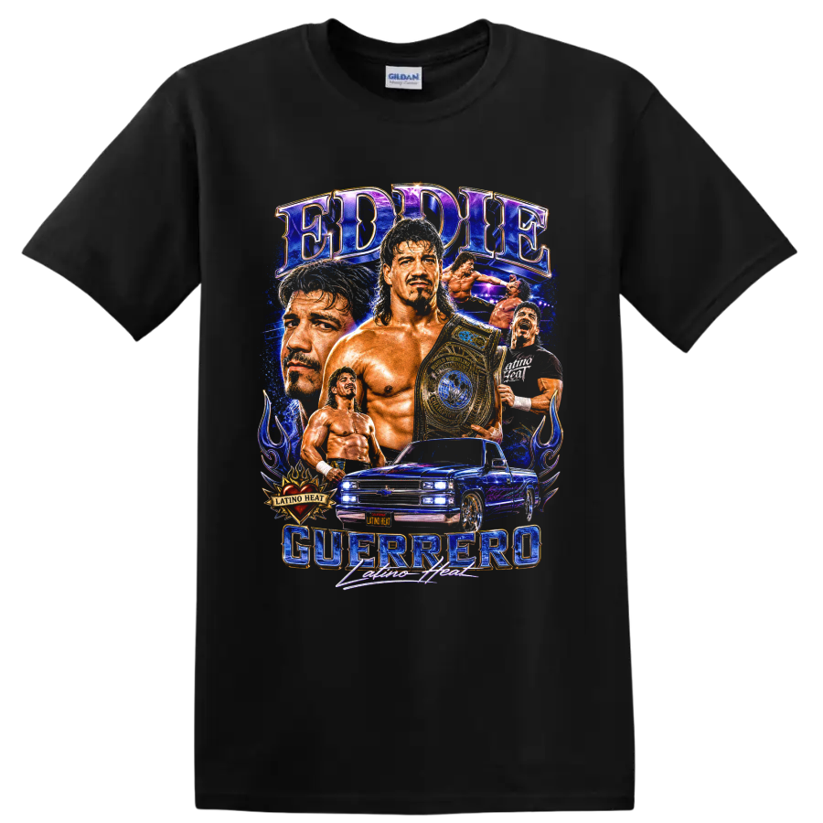 Eddie Guerrero Latino Heat wrestling collage with championship belt and lowrider truck on a Black T Shirt