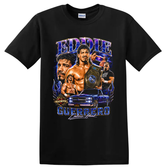 Eddie Guerrero Latino Heat wrestling collage with championship belt and lowrider truck on a Black T Shirt