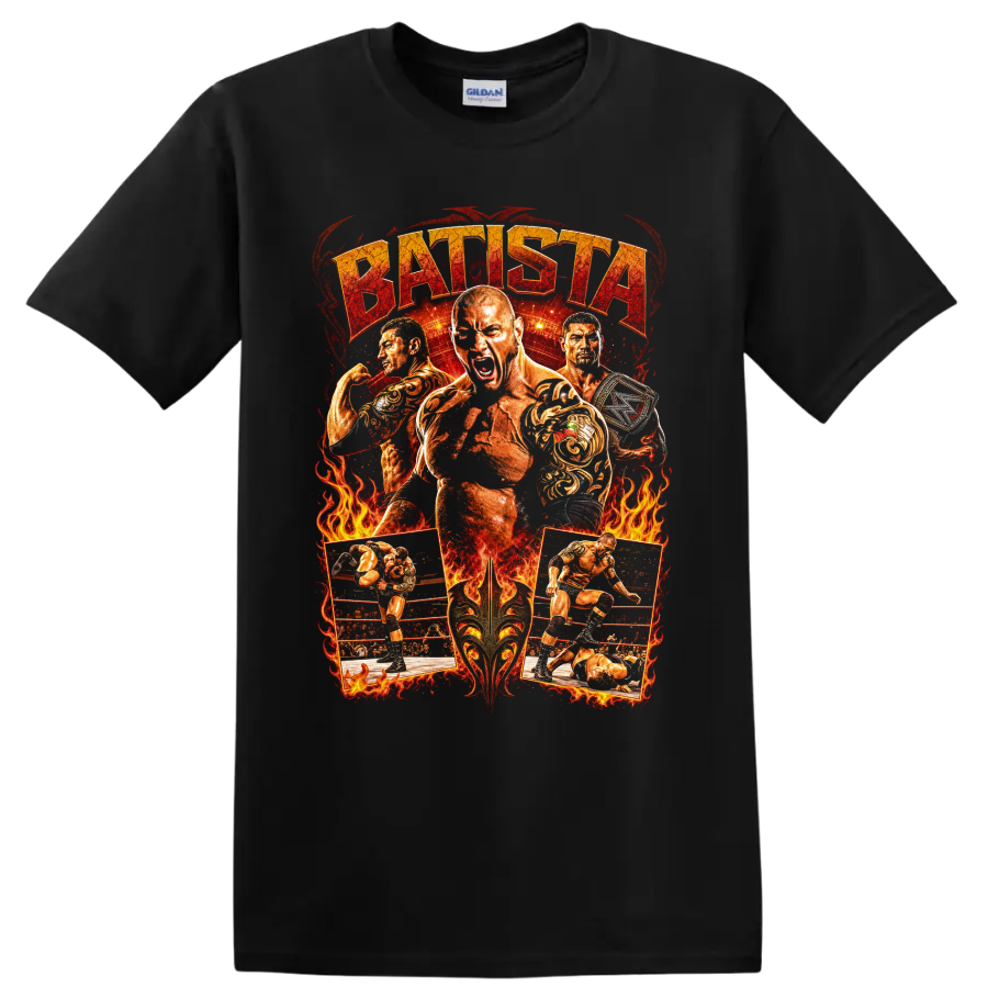 Batista wrestling collage with flames, ring action, championship belt, and distressed text on a Black T Shirt