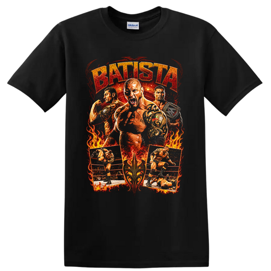 Batista wrestling collage with flames, ring action, championship belt, and distressed text on a Black T Shirt