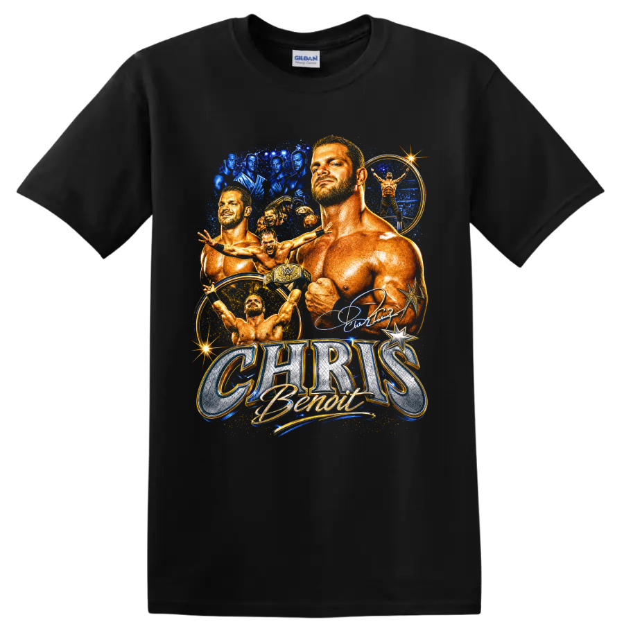 Chris Benoit wrestling collage with action poses, championship belt, and blue gold on a Black T Shirt