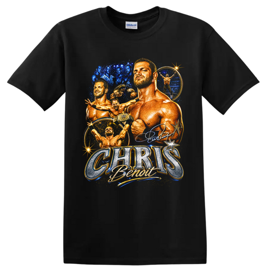 Chris Benoit wrestling collage with action poses, championship belt, and blue gold on a Black T Shirt