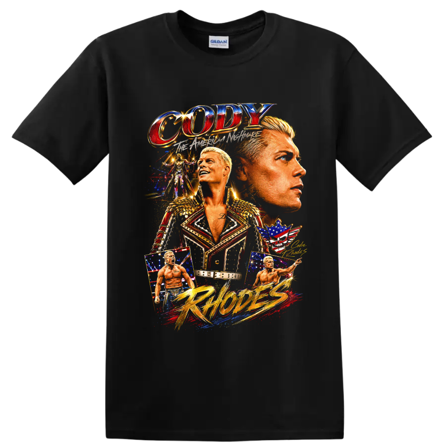 Cody Rhodes American Nightmare wrestling collage with ring portraits, stars, and gold on a Black T Shirt