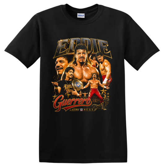 Eddie Guerrero wrestling portrait collage with championship belt and Latino Heat lettering on a Black T Shirt