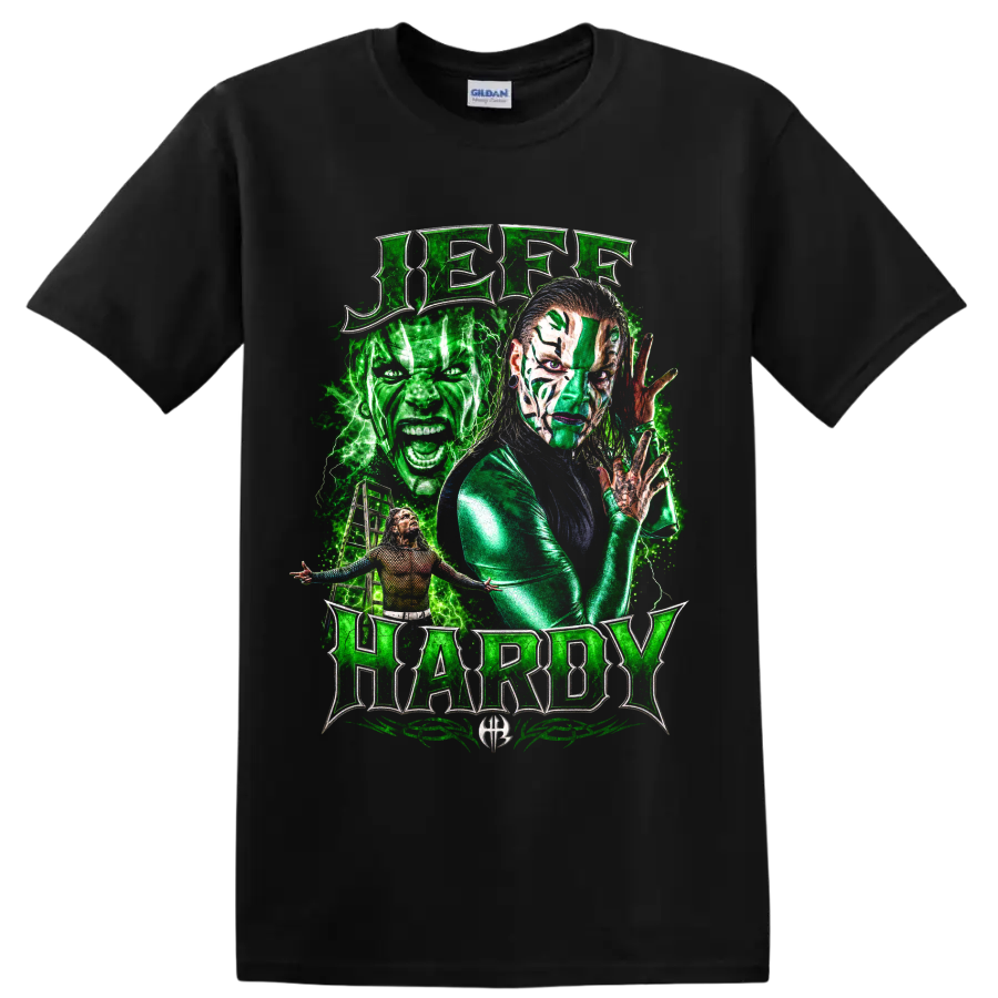 Jeff Hardy green face paint wrestling portrait with lightning and metallic lettering on a Black T Shirt