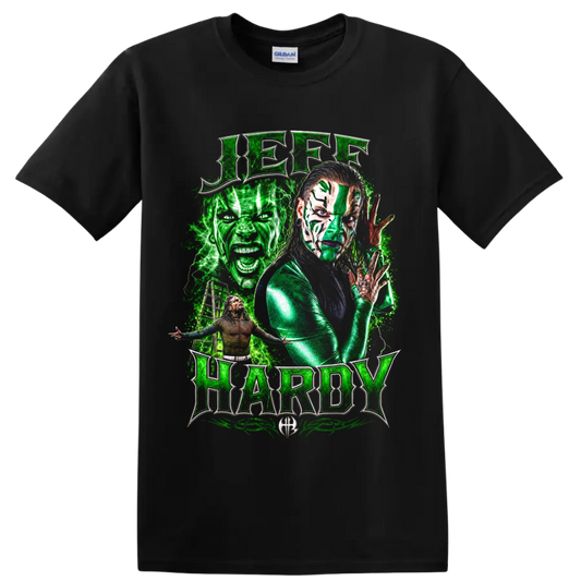 Jeff Hardy green face paint wrestling portrait with lightning and metallic lettering on a Black T Shirt