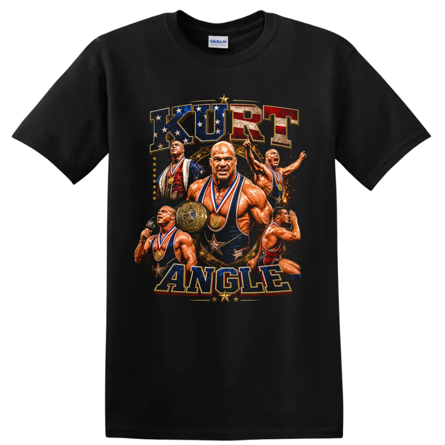 Kurt Angle patriotic wrestling collage with Olympic medals, stars, belt, and retro on a Black T Shirt