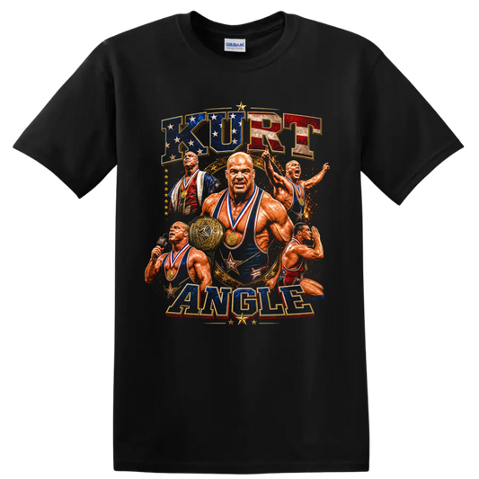 Kurt Angle patriotic wrestling collage with Olympic medals, stars, belt, and retro on a Black T Shirt
