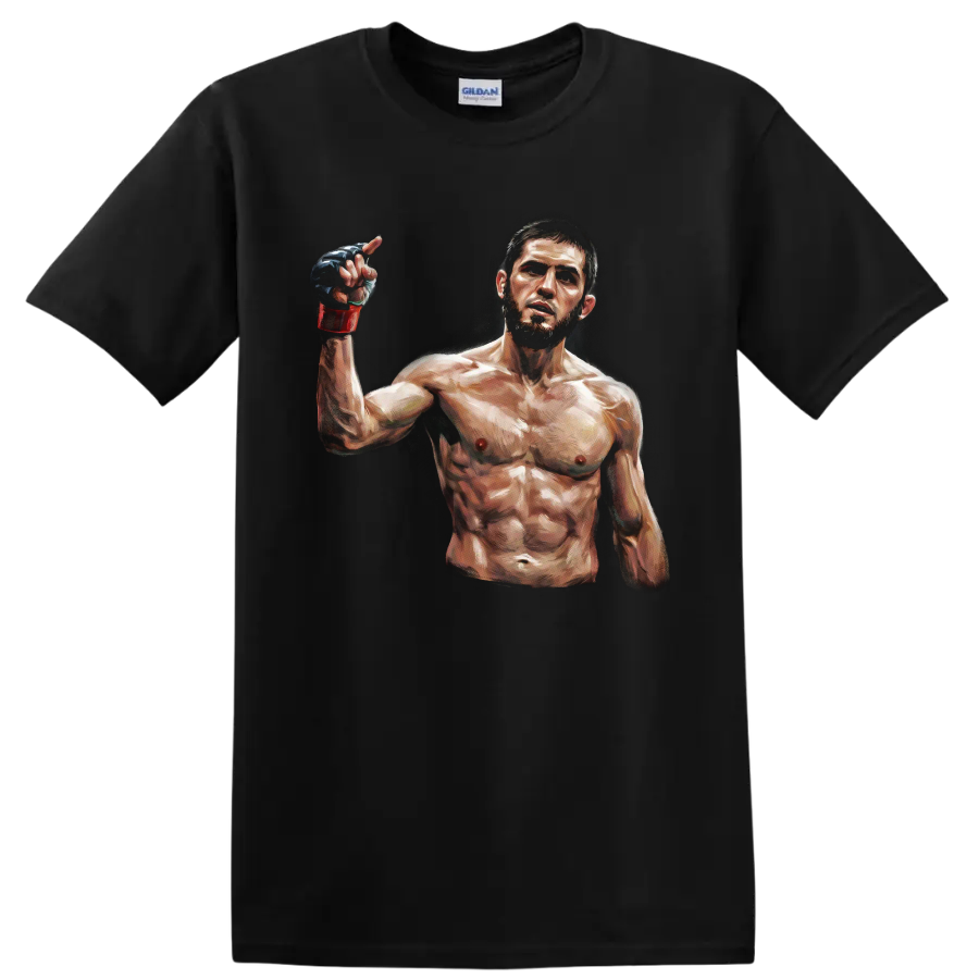 Khabib Nurmagomedov painted MMA fighter portrait with raised gloved hand on a Black T Shirt