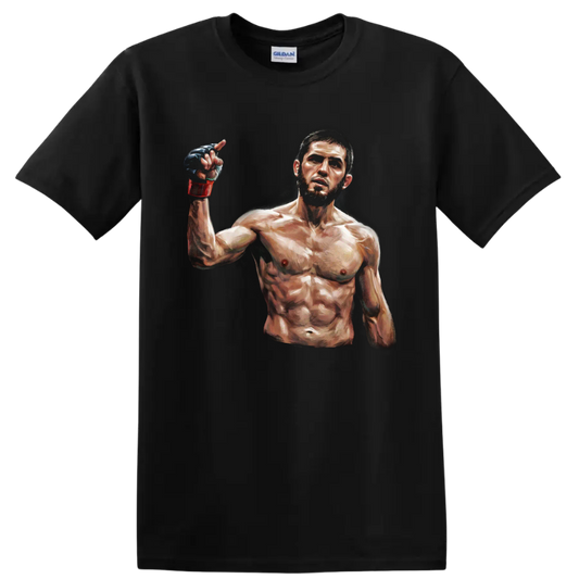 Khabib Nurmagomedov painted MMA fighter portrait with raised gloved hand on a Black T Shirt