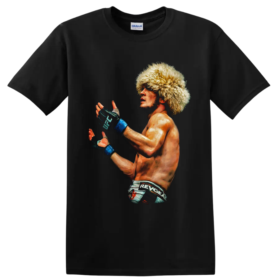 Painted Khabib Nurmagomedov MMA portrait in papakha hat and UFC gloves on a Black T Shirt
