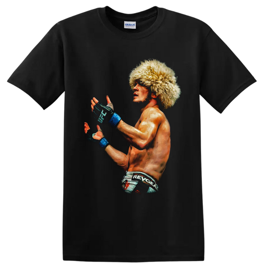 Painted Khabib Nurmagomedov MMA portrait in papakha hat and UFC gloves on a Black T Shirt