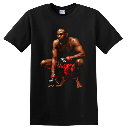 Painted Jon Jones crouching MMA fighter portrait in red shorts and black gloves on a Black T Shirt