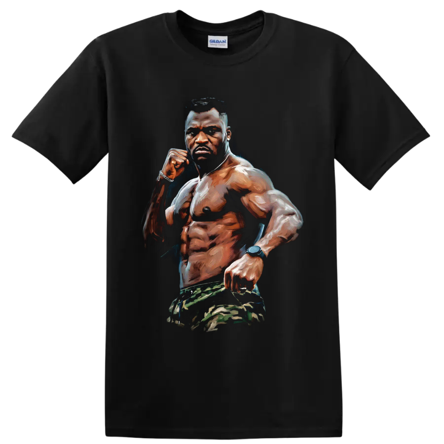 Francis Ngannou painted MMA fighter portrait with raised fist and camouflage shorts on a Black T Shirt